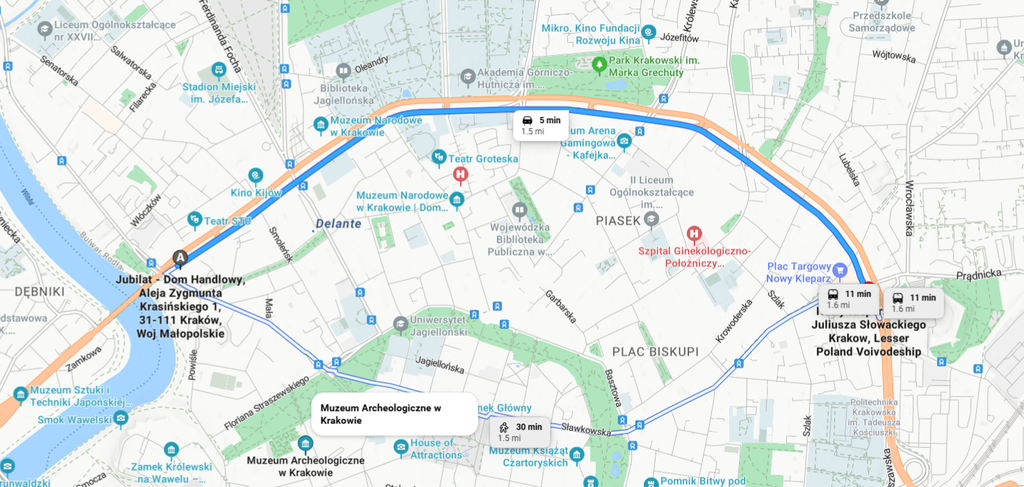 mapa zakorkowanego Aleje Trzech Wieszczów – od Jubilatu do Nowego Kleparza
