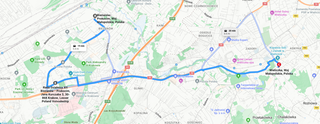 Wielicka i trasa w kierunku Wieliczki – odcinek przez Prokocim i Bieżanów, na którym w godzinach szczytu ruch potrafi wyraźnie spowolnić.
