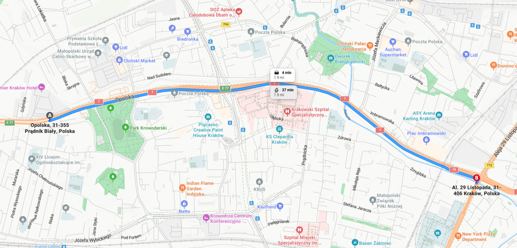 Ulica Opolska między Prądnikiem Białym a al. 29 Listopada – w godzinach szczytu ruch na tym odcinku potrafi szybko się zagęścić i wpłynąć także na sąsiednie ulice.